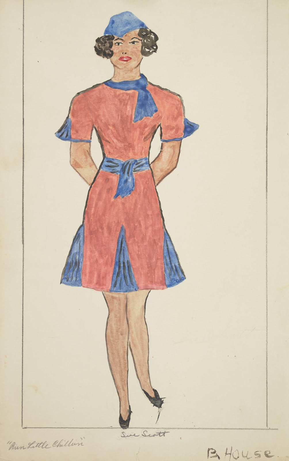Run Little Chillun Sue Scott Short red dress with blue panels and matching blue