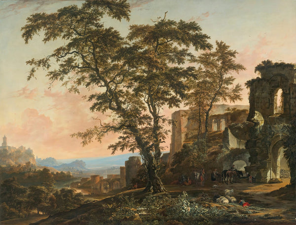Extensive Rhenish Landscape With Peasants And Animals Resting In The Shade Of Ro