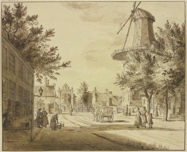 Straßenansicht bei einem Stadttor rechts eine Windmühle