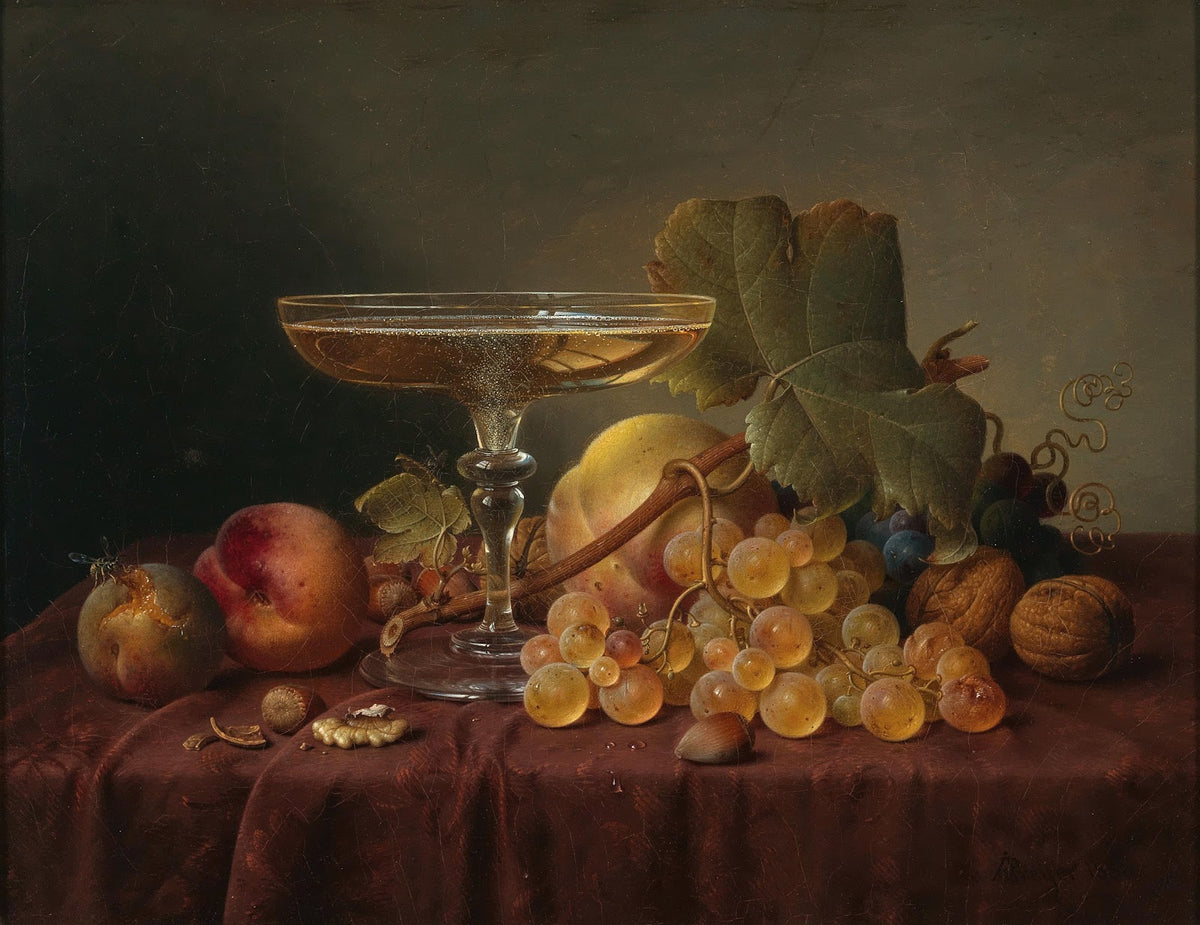 Still Life with Champagne Glass and Fruit on a Damask Cloth