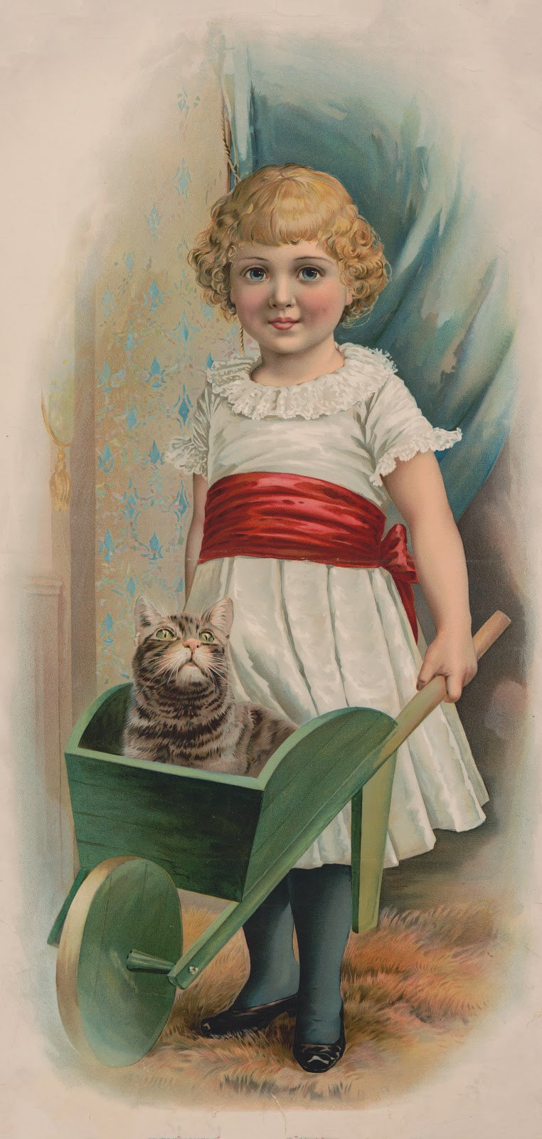 Girl pushing cat in green wheelbarrow 1896