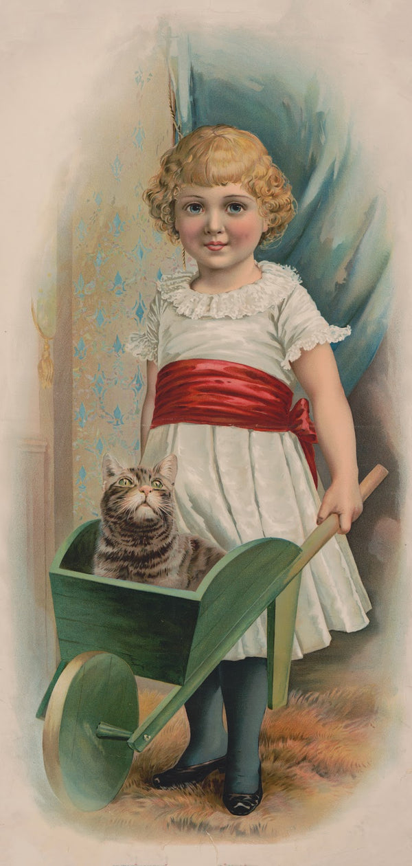 Girl pushing cat in green wheelbarrow 1896