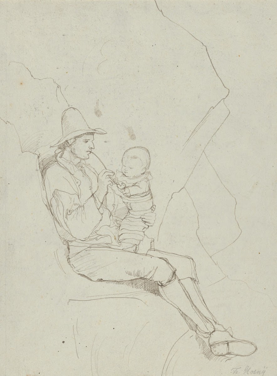 A Seated Italian Shepherd with a Small Child on his lap ca 1820