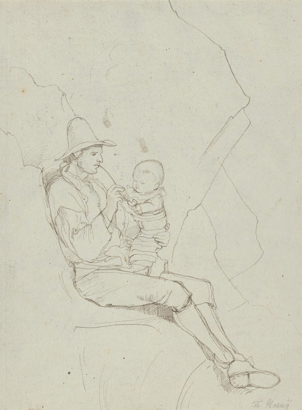A Seated Italian Shepherd with a Small Child on his lap ca 1820