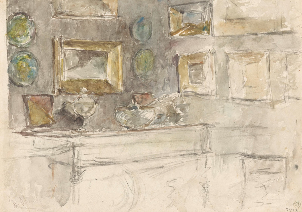 Hoek van een kamer met schilderijen aan de muur 1852   1902