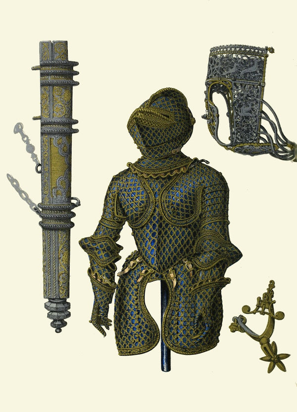 A suit of childs armour a nose piece for a set of horse armour a sheath for a da