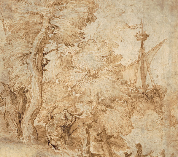 Jonah and the whale seen from a landscape with trees 1550s