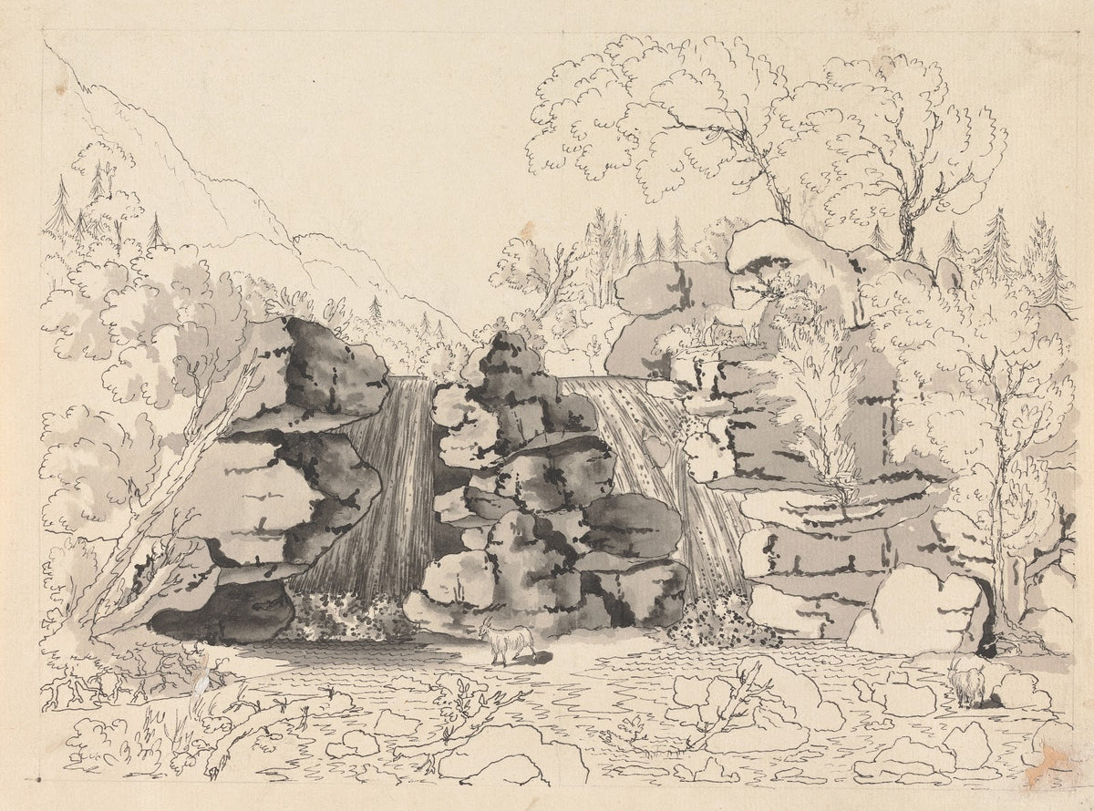 Rocky Landscape with Waterfalls and Goats