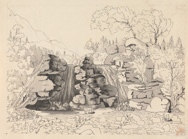 Rocky Landscape with Waterfalls and Goats