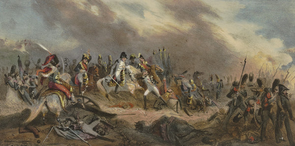 Napoleon mit seinem Hut über ein Schlachtfeld reitend 1829