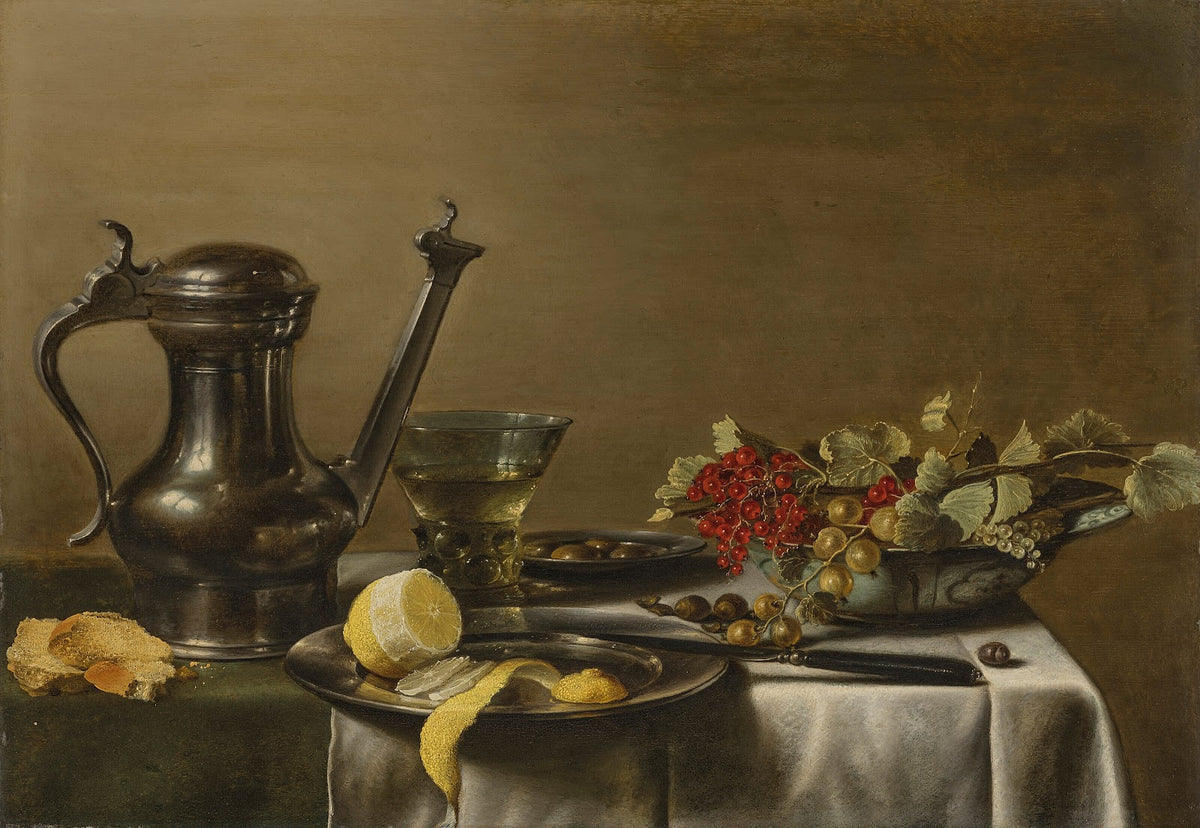 A peeled lemon on a pewter plate a pewter wine jar a roemer gooseberries and red