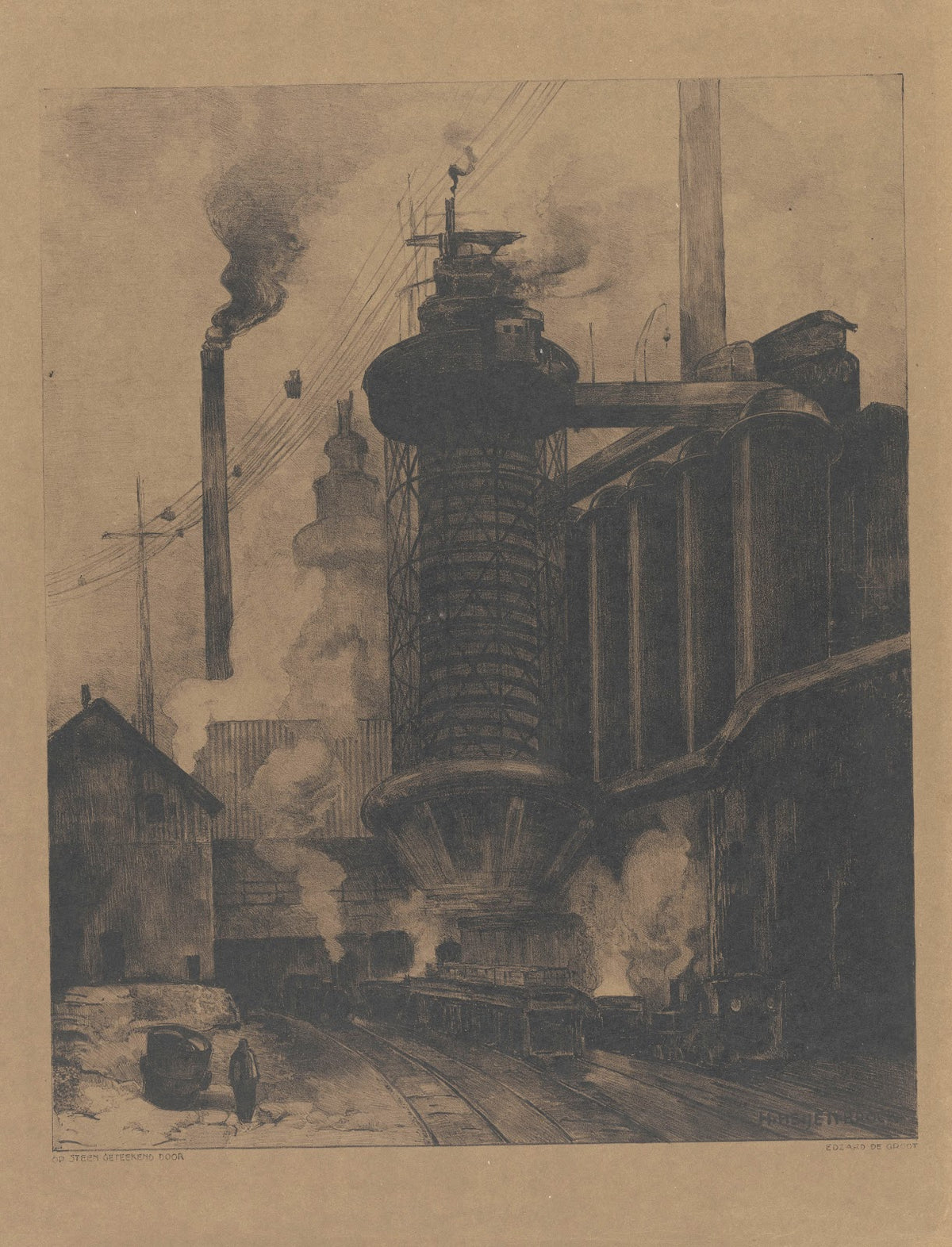 Railway line with train passing a large factory building 20th century
