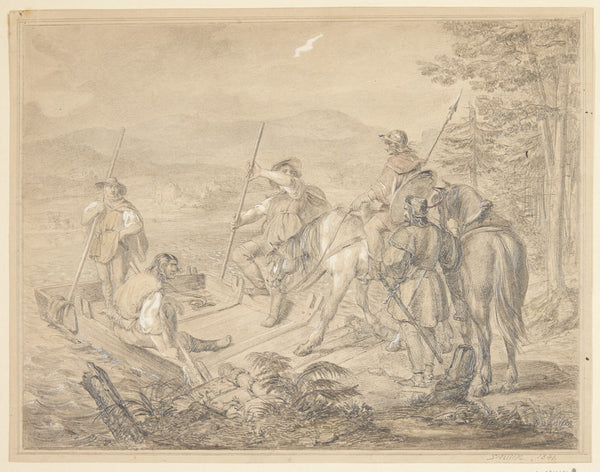 Landskab med ryttere ved en færge 1841
