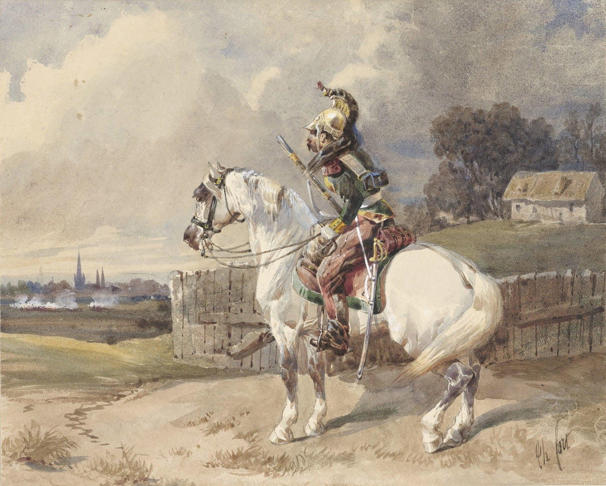 Franse dragonder op een wit paard links gewend in profiel 1825   1875