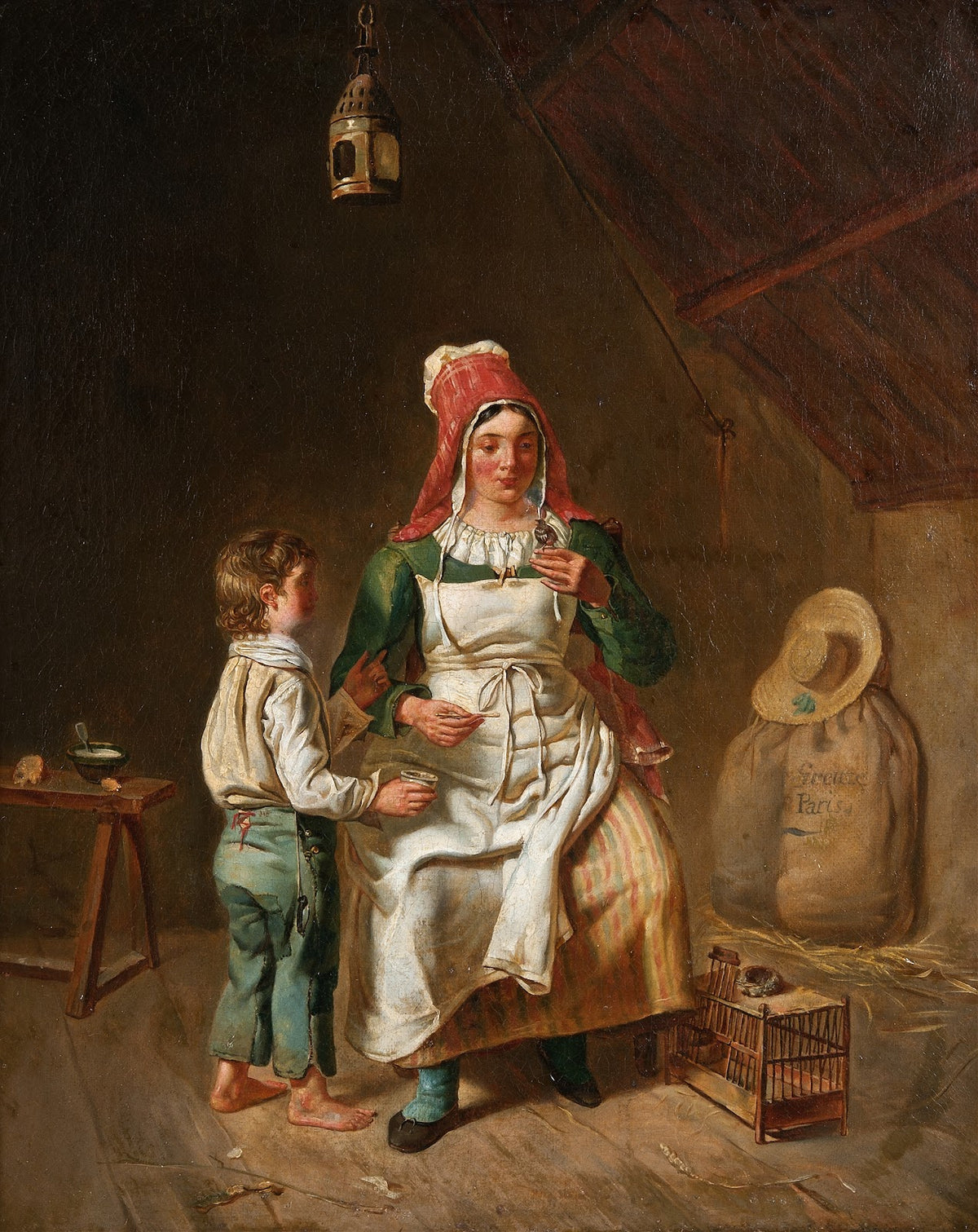 Mor och son med en fågel