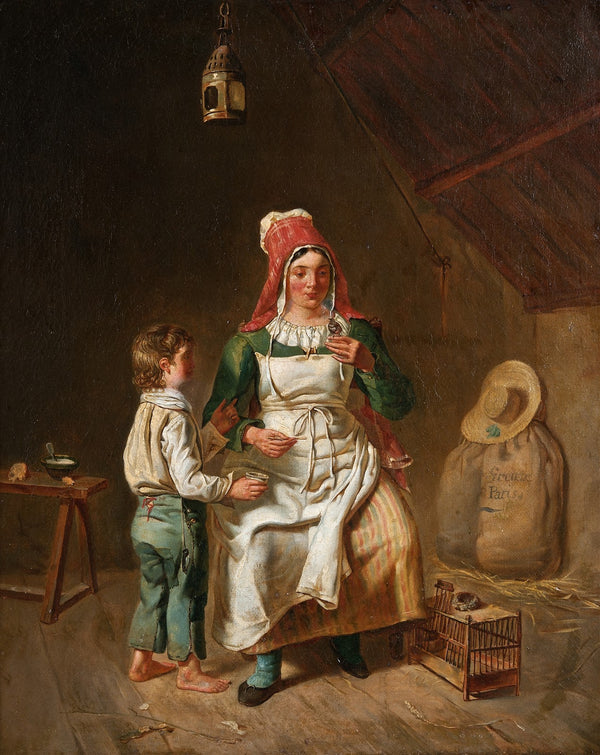 Mor och son med en fågel