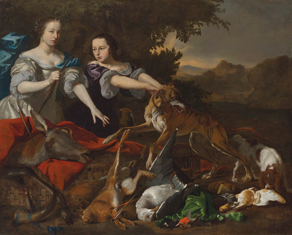 Portrait of a lady in as the goddess Diana and her attendant with the spoils of