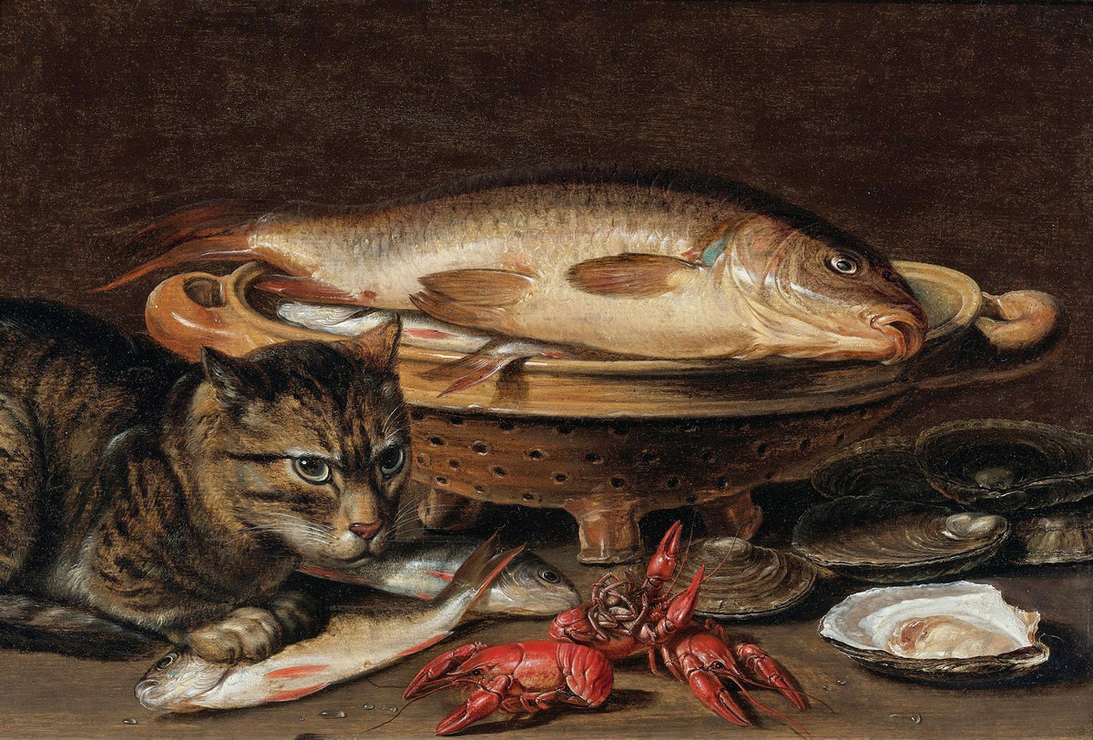 A Still Life With Fish In A Ceramic Collander Oysters Langoustines Mackerel And