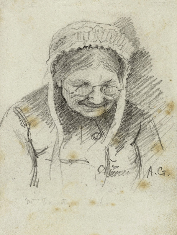 Portrait de femme âgée portant une coiffe et des lunettes de face le visage penc