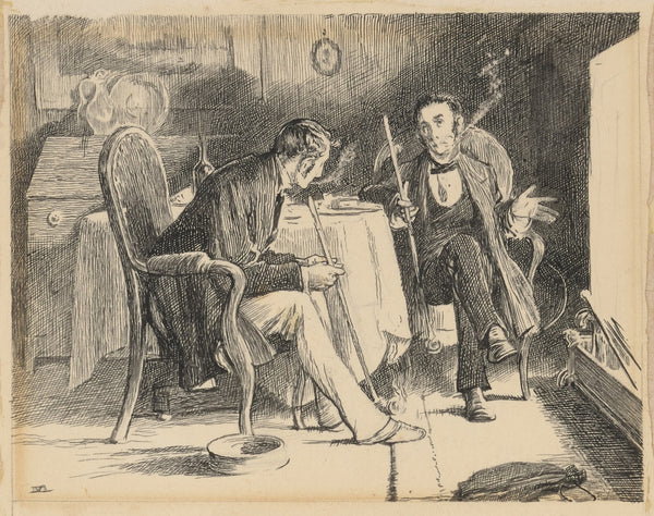 Our Mutual Friend Two gentlemen holding long pipes seated before fireplace 1871