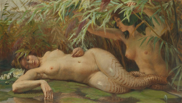 Nymph discovering a mermaid in the reeds