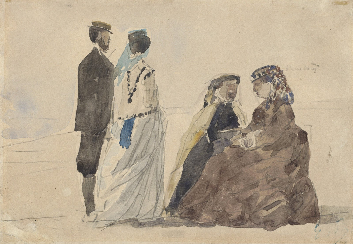 Two Ladies Seated and a Couple Walking on the Beach c 1866