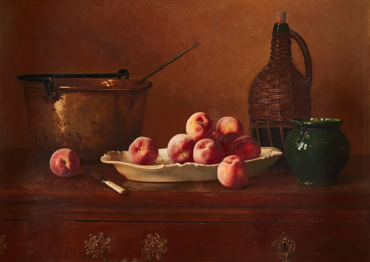Still Life with Peaches Brass Pot Green Jug and Wine Bottle on Commode Top 1908