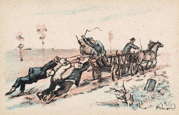 Mannen vastgebonden aan een rijdende wagen worden gegeseld door soldaten 1920