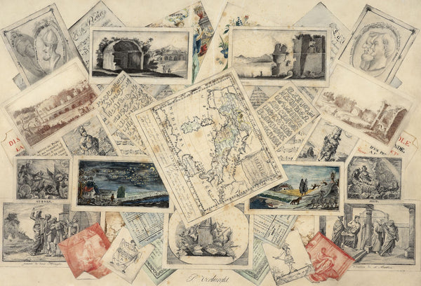 Trompe lœil of a map of Italy and of etchings and scores 1834