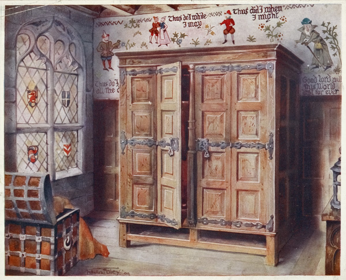 Oak press Strangers Hall Norwich Wall fresco painting West Stowe ca 1550 1910