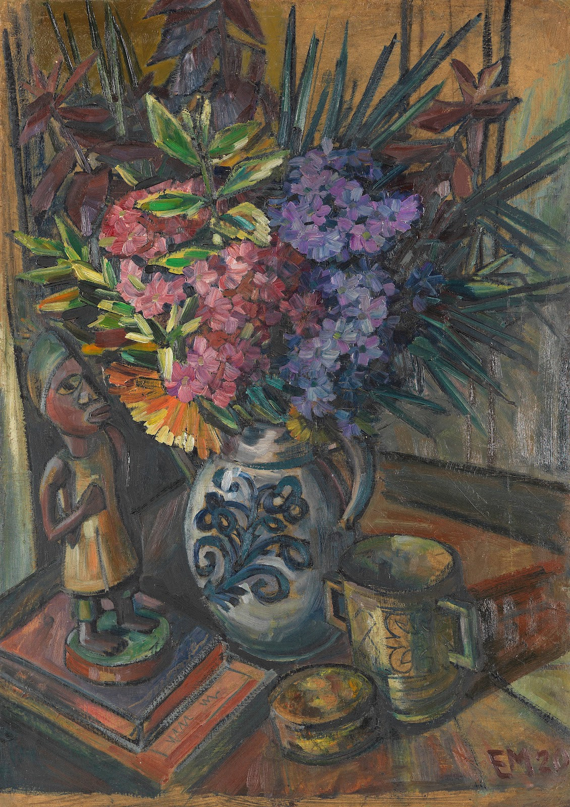 Blumenstillleben mit afrikanischer Figur 1920