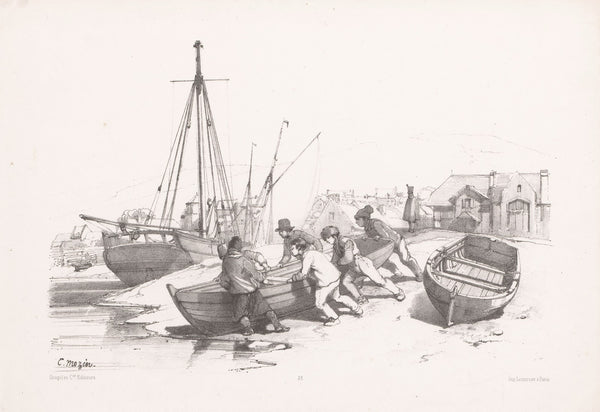 Men push rowboat from land to water 1850 1884