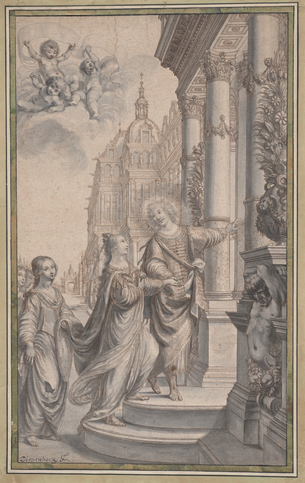 Design for a Frontispiece A Man Guiding a Crowned Woman and her Attendants to th