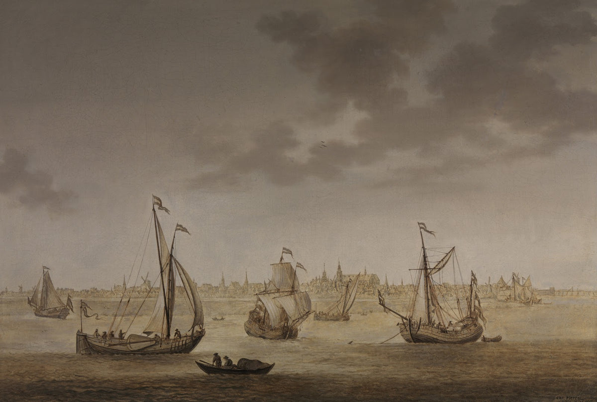 A three masted sailing ship and other shipping before Gouda circa 1684