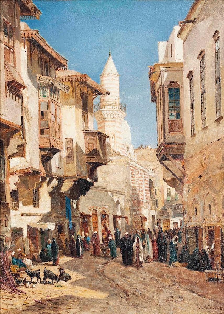 A bustling street before the mosque of Emir Mindar Cairo 1880