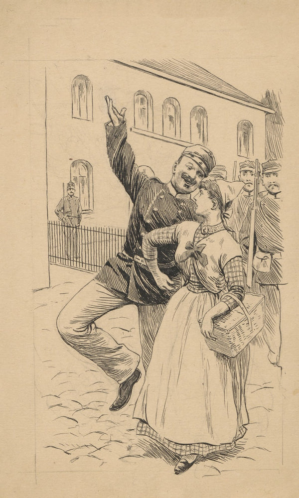 A cheerful soldier takes a young maid who is at work by the arm She does not sha