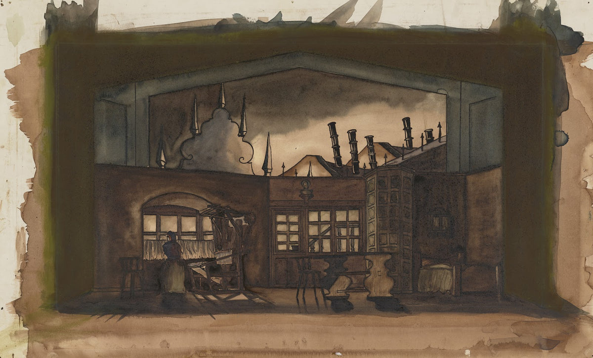 The Weavers Sketch no 7 Weaving Shop and Domestic Interior against City Rooftops