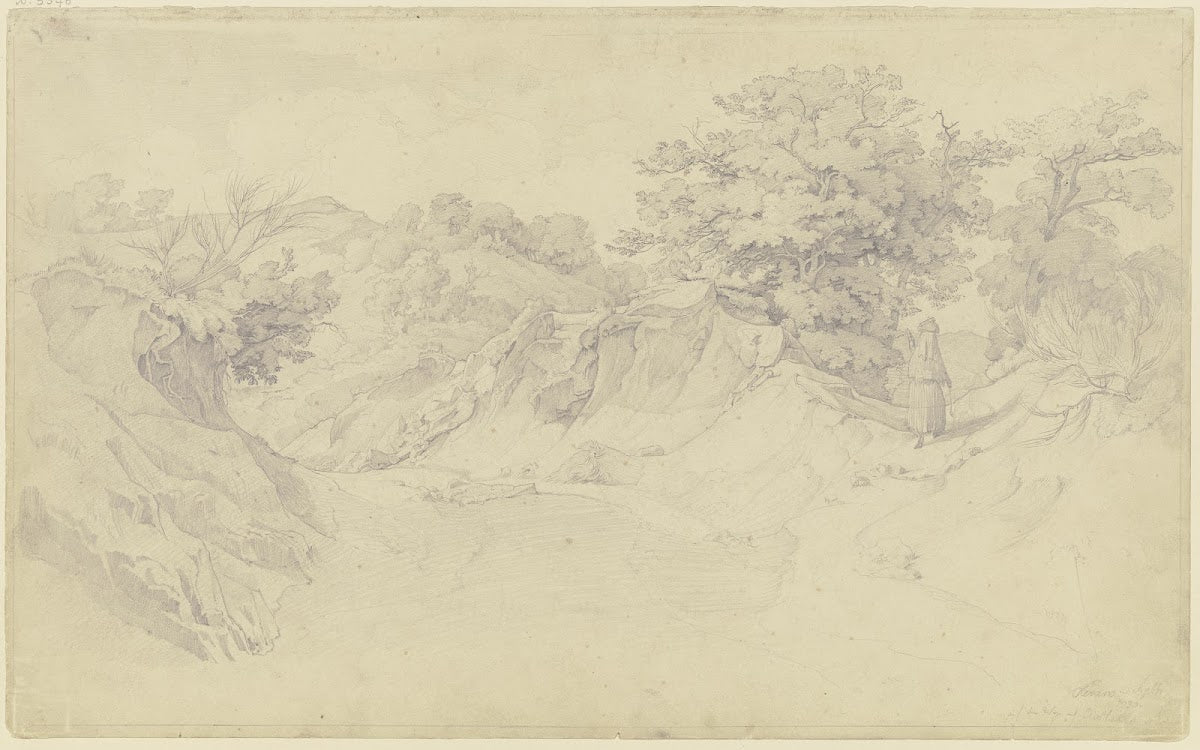 Hohlweg nach Civitella di Olevano dem heutigen Bellegra rechts eine wandernde Fr