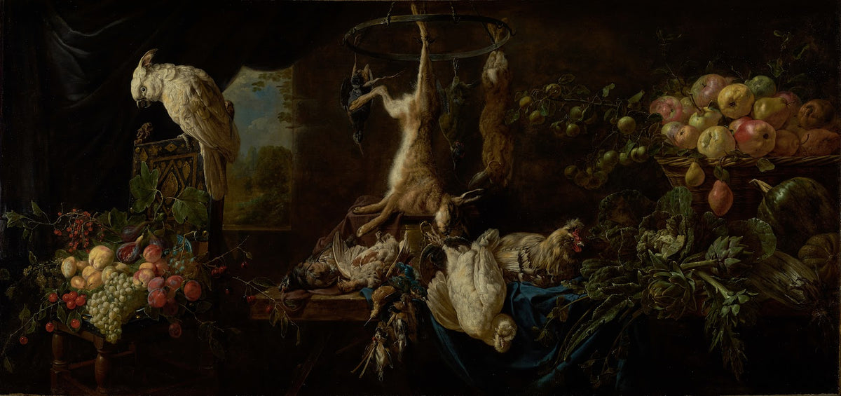 Still Life with Game Vegetables Fruit and a Cockatoo 1650