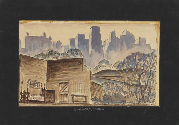 One More Spring Sketch no 1 Rustic Cabin Interior with Field and Skyscrapers in