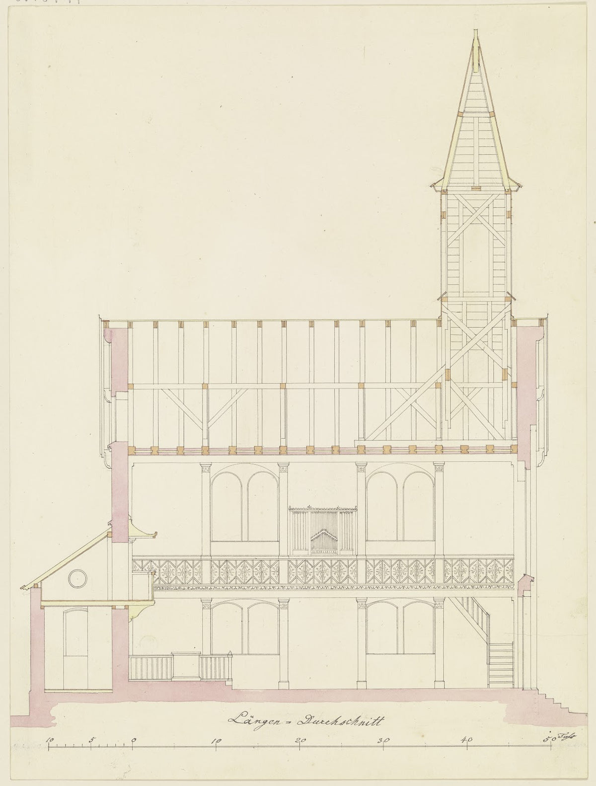 Längsschnitt durch eine Kirche für die Gemeinde Friedrichsdorf 1825