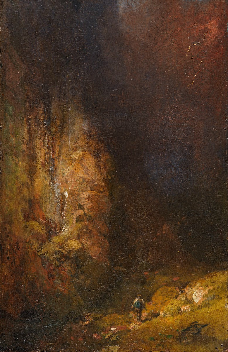 Wanderer in der Gebirgsschlucht bei Gewitter Ca 1860