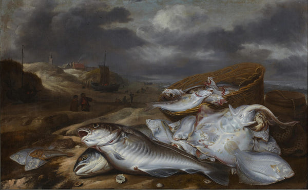 Fish still life with view of Egmond 1650