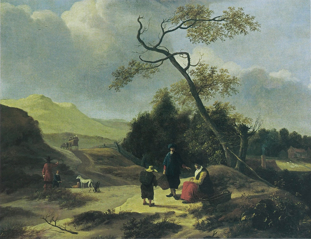 Landschap met jagers en rustende reizigers