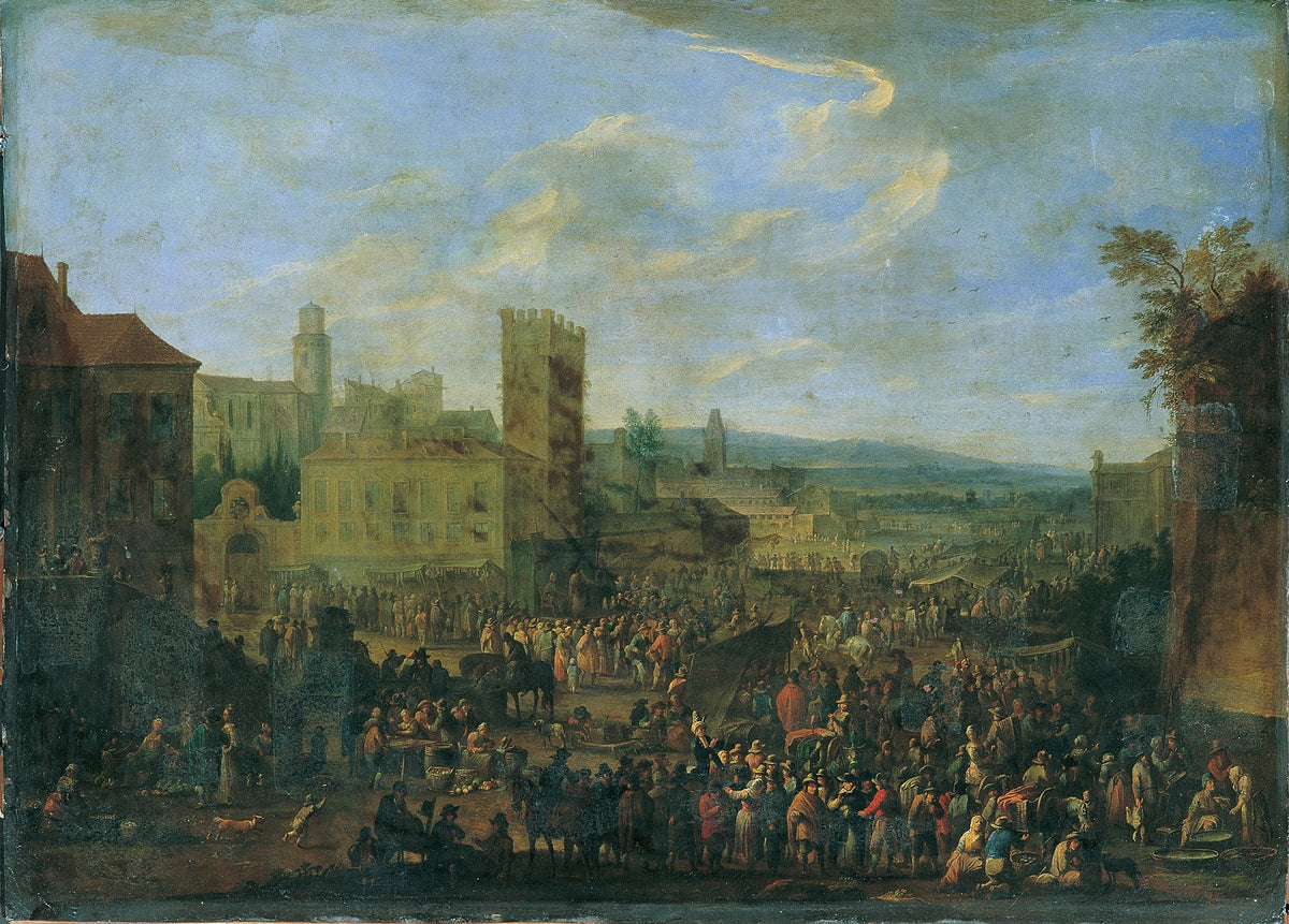 Jahrmarkt mit zinnenbekröntem Bergfried 1724