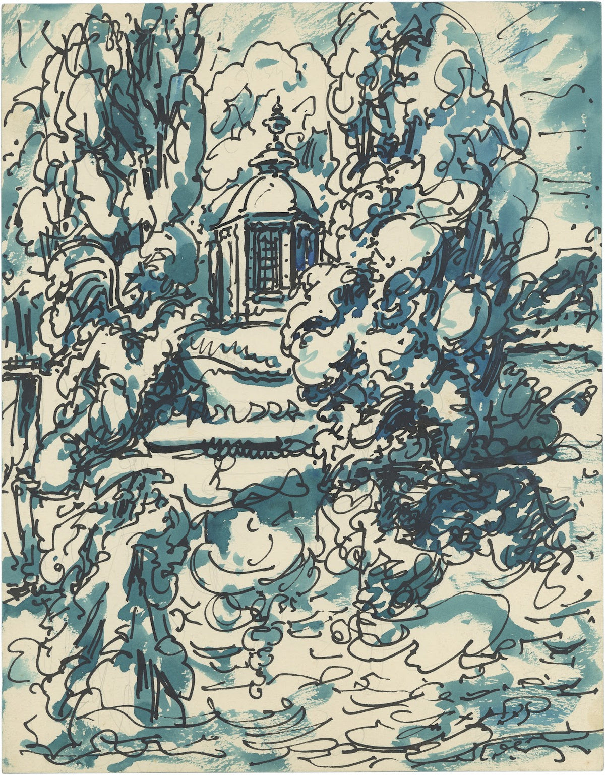 Italiaanse kerk en bomen 1935