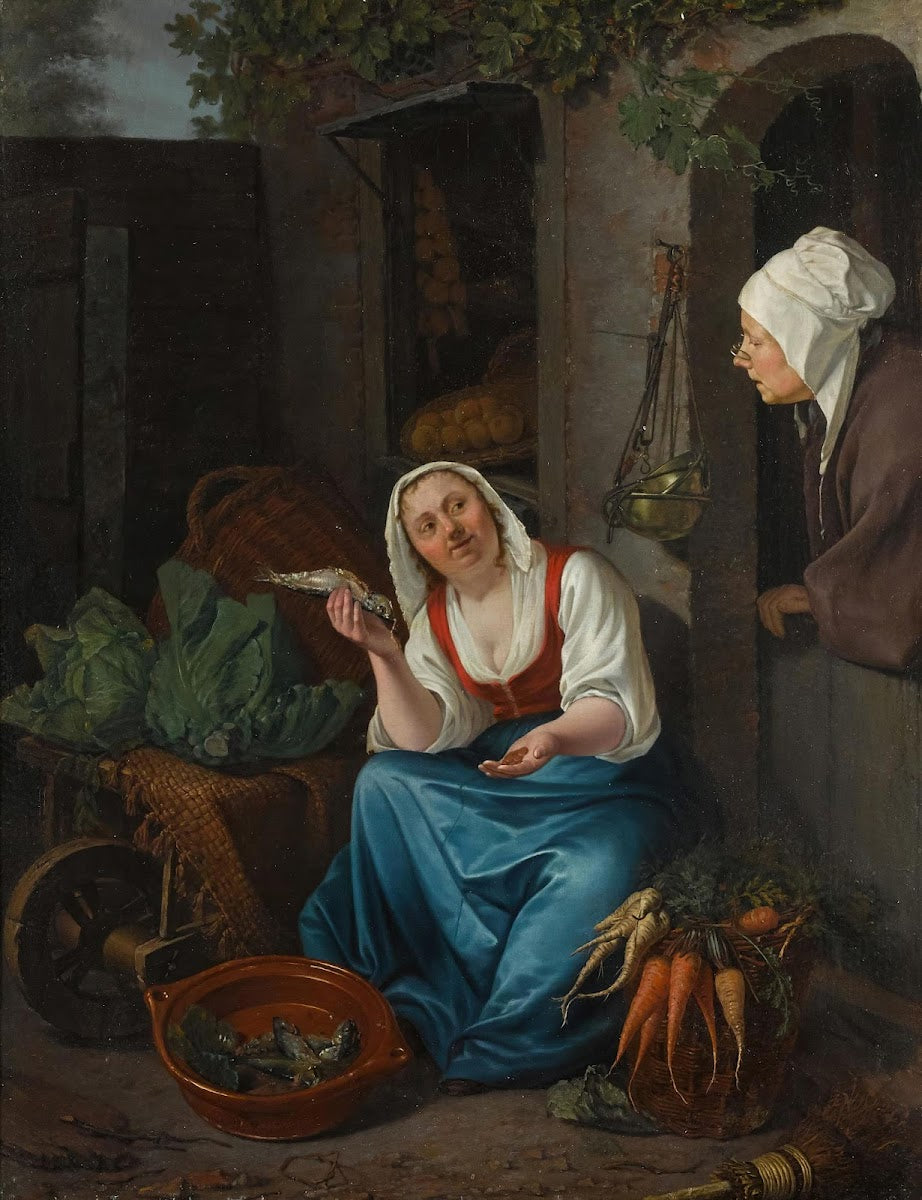 A Young Woman Selling Fish And Vegetables