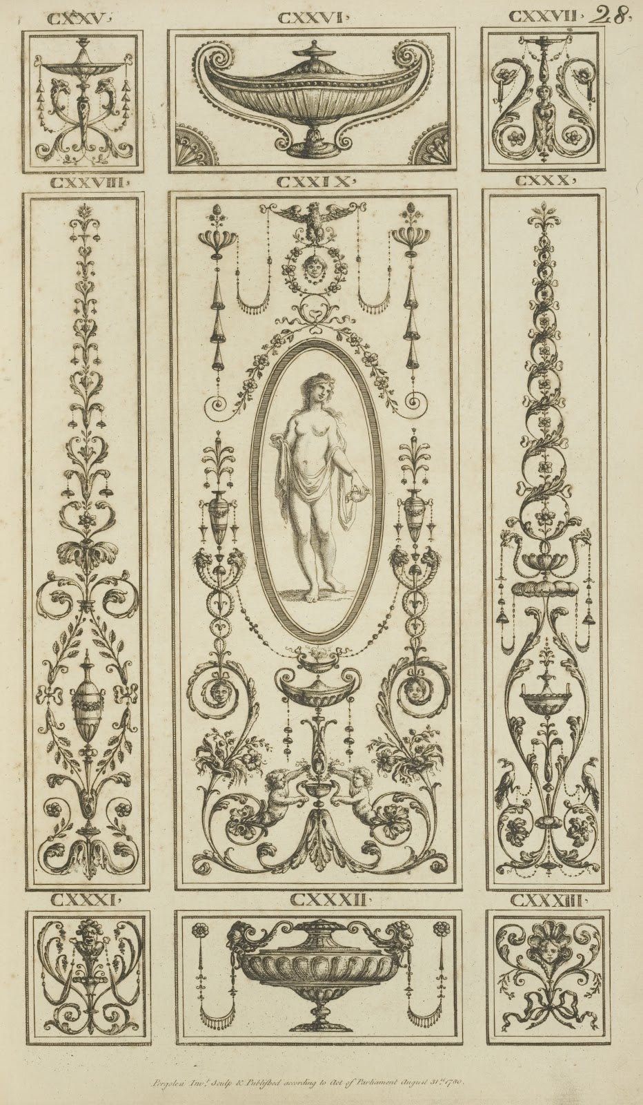 Central design of nude woman with drape holding small vase 1777   1784
