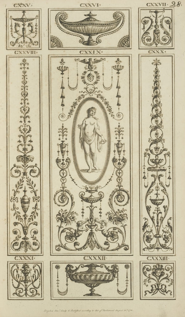 Central design of nude woman with drape holding small vase 1777   1784