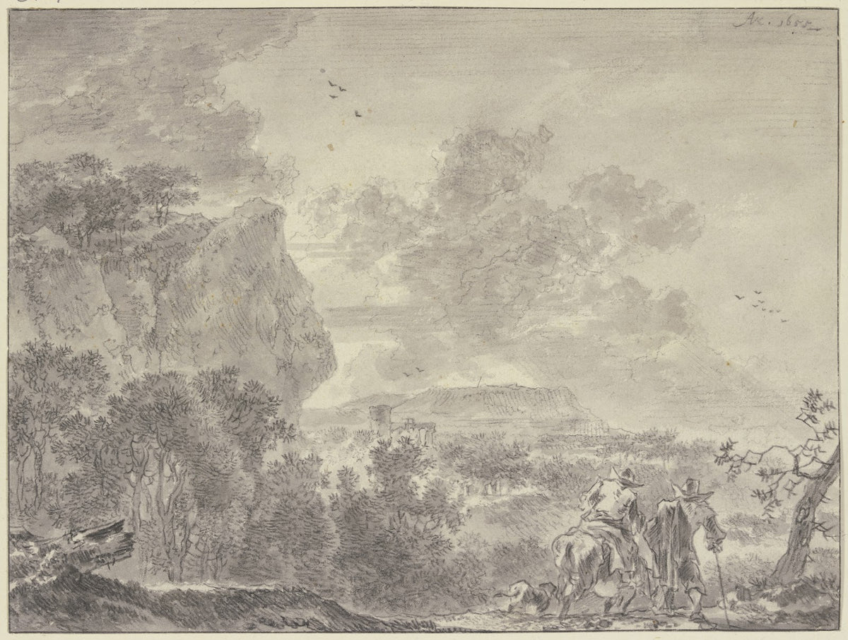 Italienische Landschaft bewaldete Ebene vorne zwei Wanderer der linke beritten 1